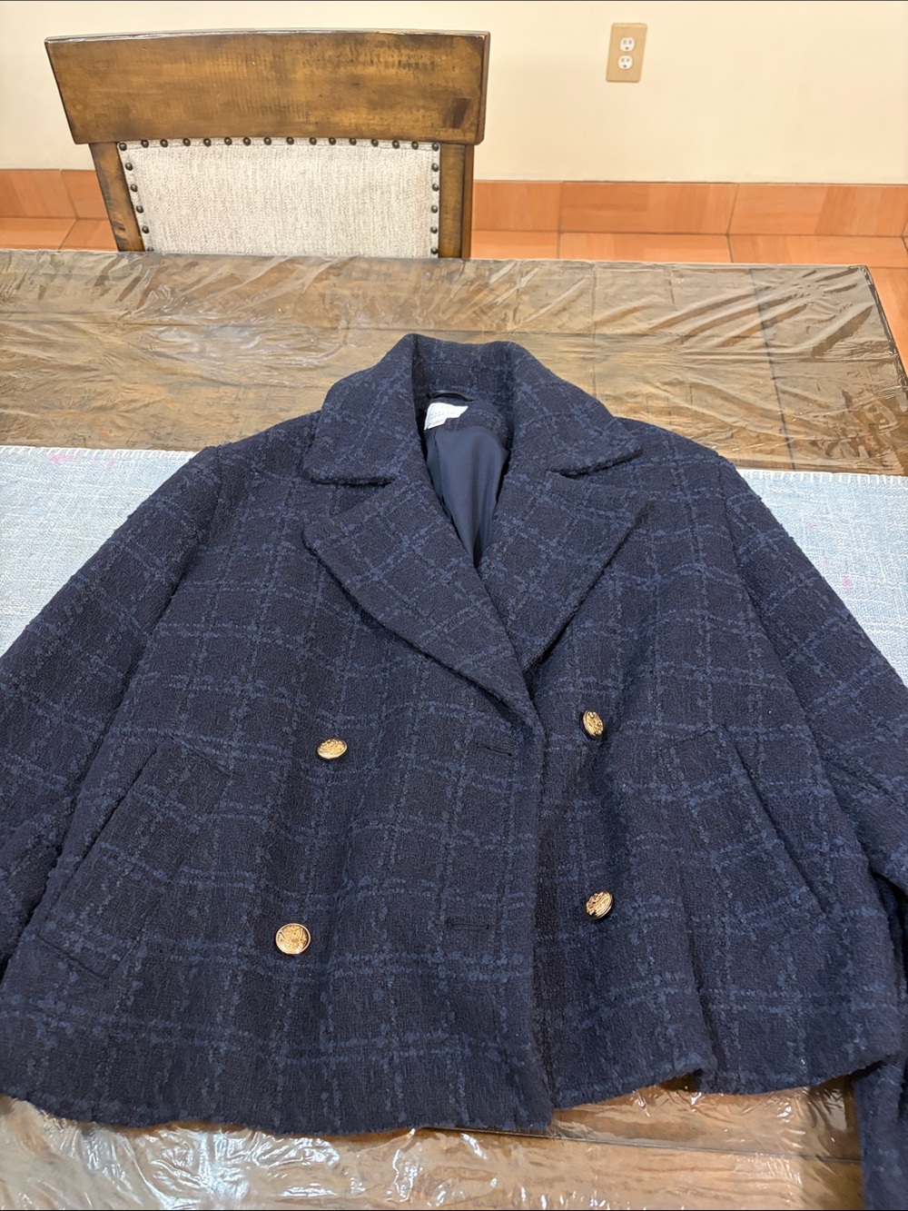 LC Lauren Conrad Navy Plaid Double-Breasted Tweed Blazer